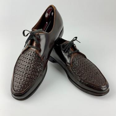 1950's Ventilated Woven Top Shoes - Lace ups - Brown Leather - Leather Woven Tops - Leather Lined - Men's Size 10 