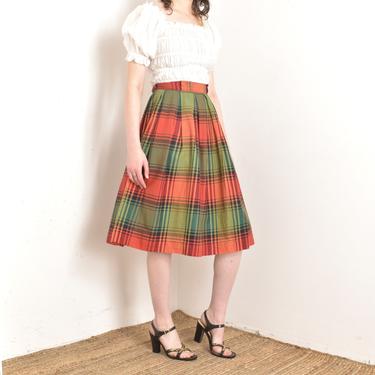 Vintage 1950s Skirt / 50s Plaid Cotton Skirt / Red Orange Green ( XS extra small ) 