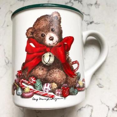 Vintage Christmas Sweet Teddy Bear Coffee Mugs 1991 Potpourri Press by LeChalet
