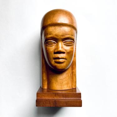 Intriguing Vintage Carved Wood Bust Sculpture of Woman, Mid Century Modernist 