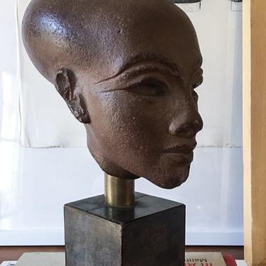 Little Ancient Egyptian Bust Sculpture Tabletop Abstract vintage mid century patina heavy head alien 