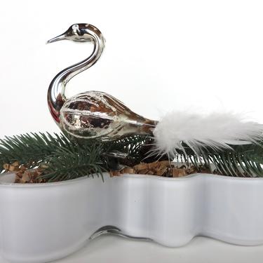 Antique Mercury Glass Swan Clip Ornament, Large Silver Glass Christmas Bird Ornament, Mercury Glass Feather Tail Christmas Ornament 