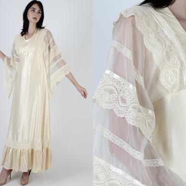 Angel Kimono Sleeve Dress / Wide Sheer Lace Bell Angel Sleeve / Vintage 70s Cream Satin /  Elegant Country Prairie Maxi Dress 