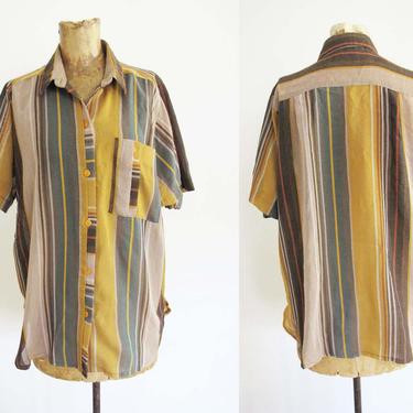 Vintage 70s Striped Button Up Shirt Large - 1970s Yellow Brown Green Collared Striped Shirt - Boho Earth Tone Top - 