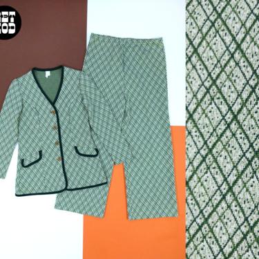 Smart Vintage 70s Green Plaid Pants Suit with Trim 