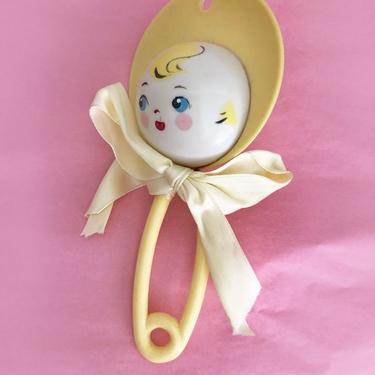 1920's Yellow Vintage Baby Rattle Toy Bow 1930's Art Deco Antique Kids 