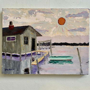 Vintage Boathouse At Sunset Oil Painting, Lake Beach Home Decor, Chippy Areas, Signed By Artist, Landscape 