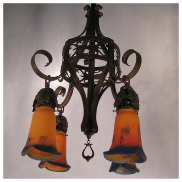 A7879 Antiques French Art Nouveau Iron &amp; Art Glass Chandelier 