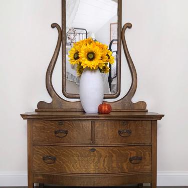Antique Oak Serpentine Dresser with Harp Mirror