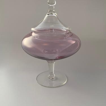 Mid-Century Covered Clear to Pink Stemmed Apothecary Jar or Candy Dish with Circus Tent Lid 