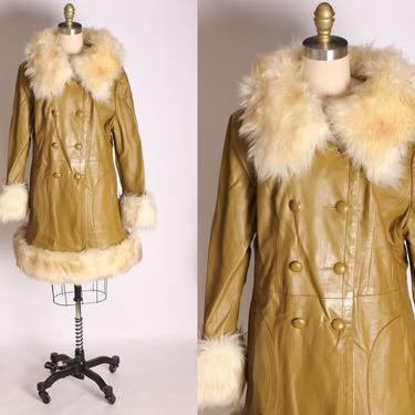 1960s 1970s Yellow Brown Camel Colored Leather and Shearling Puffy Collar Button Down Princess Coat -XL 