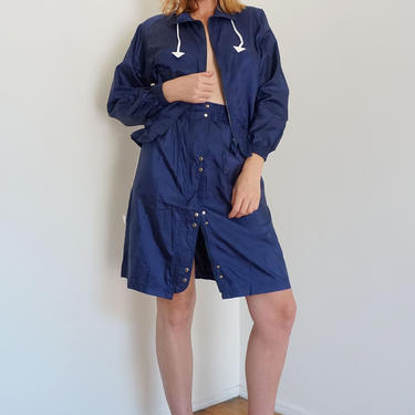 Vintage Balenciaga Sports Blue Dead Stock Track Skirt Suit with Drawstrings and Snap Front Skirt Blue XS S Button Up 90s Bomber 