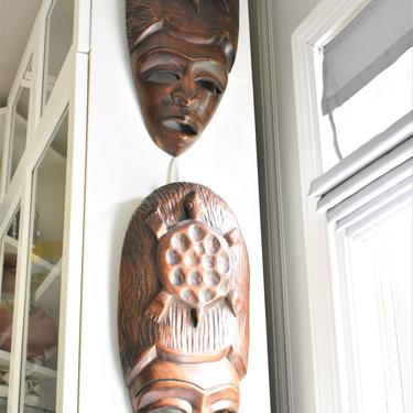 Pair of Large Haitian Masks Wall Décor | Hand-carved Caribbean Wood Vintage Housewarming | Traditional Masks Made in Haiti | Sea Turtles 