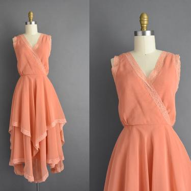 1980s vintage dress | Gorgeous Peachy Pink Chiffon Fluttery Summer Dress | Small | 80s dress 