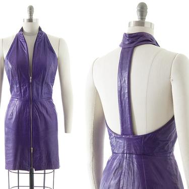 Vintage 1980s Dress | 80s NORTH BEACH LEATHER Michael Hoban Purple Leather Zip Up Front Open Back Wiggle Party Dress (small) 