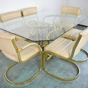 Hollywood Regency Brass Pedestal and Glass Dining Table with Six Chairs
