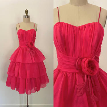 Vintage 1950s Party Dress 50s Prom Hot Pink Silk Organza Tiered Skirt 