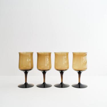 Set of Four Vintage Fostoria Smoke Glass Stemmed Wine Glasses 