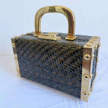 Vintage 1960's Dark Green Woven Wicker Box Purse Case Gold Metal Top Handle and Hardware Walborg Made in Italy 