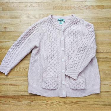 Made in Ireland Merino Wool Aran Crafts Pink Cardigan Sweater // Fisherman Cable Knit Sweater with Pockets 