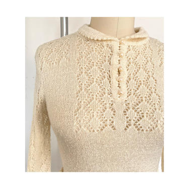 Vintage Knit Top/ Cream lace detail Tricot/ Pearl Buttons Ivory Crochet Sz Small 