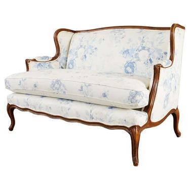 Country French Provincial Walnut Upholstered Wingback Settee