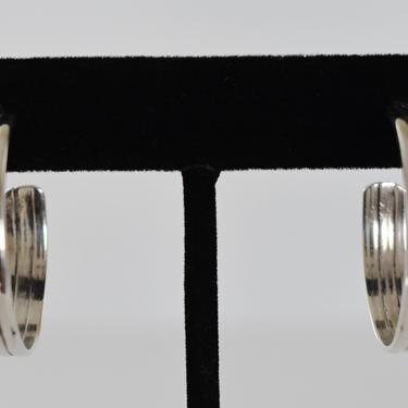 80's Taxco 925 silver flat ribbed three quarter hippie hoops, wide Mexico TR-155 geometric sterling boho hoop post earrings 