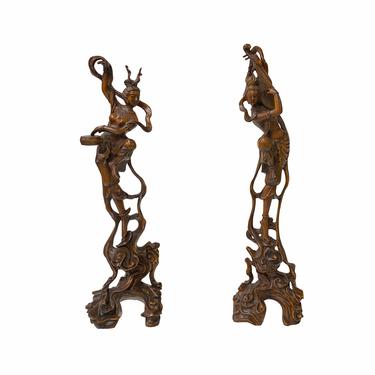 Pair Chinese Oriental Wood Dancing Ladies Carving Display Figure Art ws1777E 