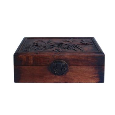 Chinese Brown Dimensional Relief Flower Motif Rectangular Storage Box Chest ws1050E 