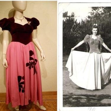 Velvety Holiday Dreams - Vintage WW2 1941 Burgundy Velvet &amp; Cerise Hot Pink Rayon Skirt Long Dress - 0/2 