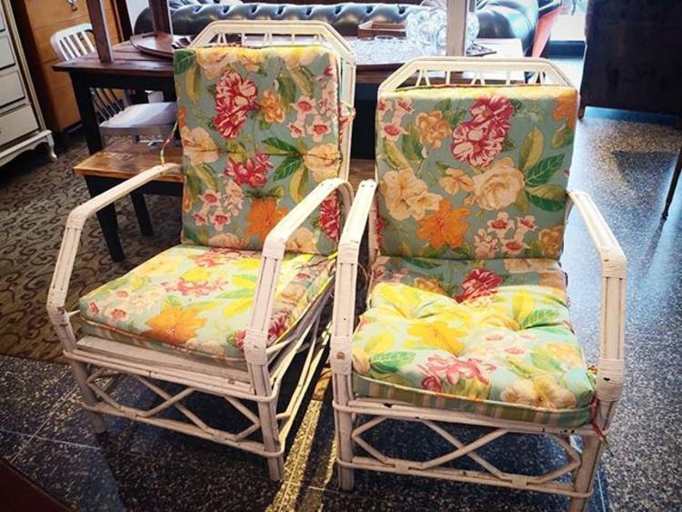 Sweet white rattan arm chairs. Two available. 