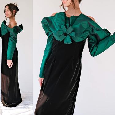 Vintage 80s Victor Costa Emerald Green Velvet Dress w/ Animated Flared Satin Off The Shoulder Sleeves | Made in USA | 1980s Designer Gown 