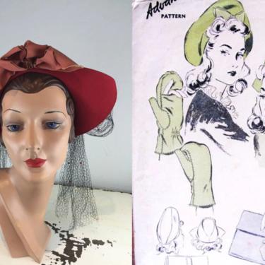 Out the Corner of Her Eye - Vintage 1940s Lipstick Red Wool Felt Dutch Bicorne Veiled Hat 