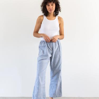 Vintage 26-32 Waist Stripe Flannel Elastic Easy Pant | Blue Grey High Waist Holiday Cotton Pajama Pants | FL035 | M 