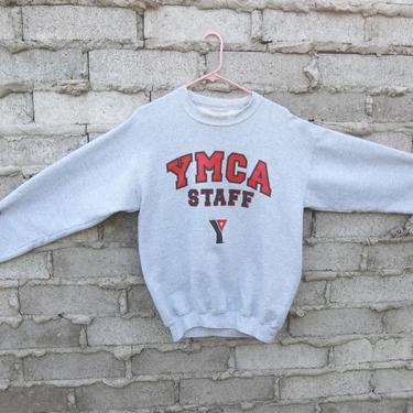 Vintage Sweatshirt 1990s 80s YMCA Staff Logo Medium Distressed Preppy Grunge Hipster Young Mens sports Athletic 