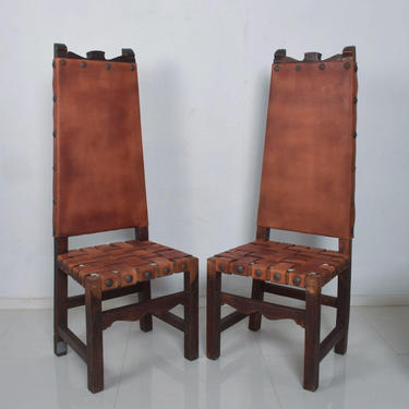 SPANISH Colonial TALL Wood Chairs Woven Saddle Leather style Luis BARRAGAN 