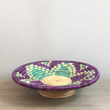 Purple Coil Basket Footed Basket Tray Green Natural Boho Bohemian Colorful Decor 