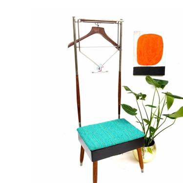 Mid-Century Valet Chair + Storage | Gentlemen's Wardrobe Butler Dressing Stool | Vintage Teal Boucle Upholstery | Made in Japan 