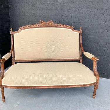 Antique Upholstered Settee Carved Wood 