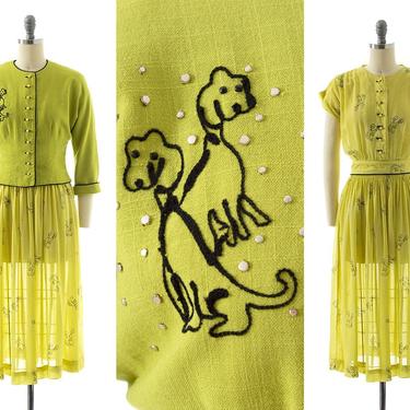 Vintage 1940s Dress Set | 40s Dog Puppy Novelty Print Chartreuse Rayon Linen Fit and Flare Shirtwaist Dress Matching Jacket Outfit (small) 