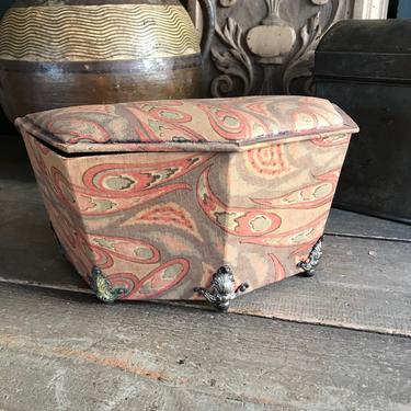 French Art Deco Fabric Boudoir Box, Footed Dresser Box, Bedroom Vanity Storage, Sewing Notions, Trousseaux Case, Jewelry 