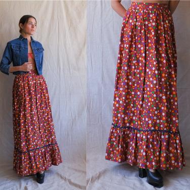 Vintage 70s Flower Power Maxi Skirt/ 1970s High Waisted Bright Floral Cotton Skirt/ Size 25 Small 