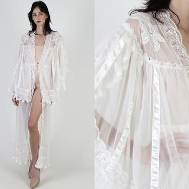 1960s Off White Nightgown Dress / 60s Bridal Wrap Front Robe / Vintage Womens Sexy Satin Negligee / Kimono Sleeve Evening Robe Maxi Dress 