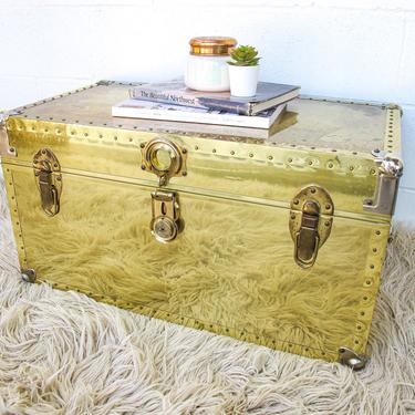 Vintage 1970's Gold Brass Hollywood Regency Style Chest with Cedar Lining and Aged Patina - Made by Dresher 