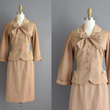 vintage 1950s dress | Adorable 2pc Bullock's Brown Jacket & Skirt Set | Medium | 50s vintage dress 