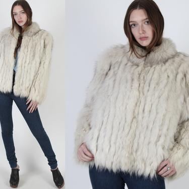 Vintage 70s Womens SAGA Arctic Fox Fur Coat, 1970s Ivory Real Fur Coat With Pockets, Suede Inlay Hook Closure Lined Winter Corded Jacket 