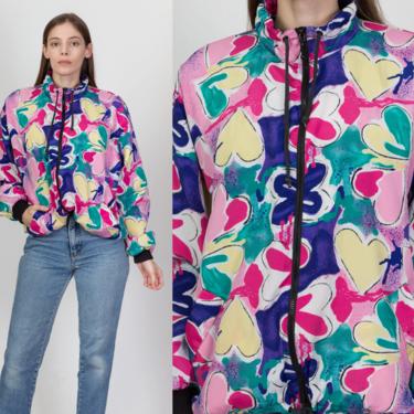 80s 90s Heart Print Windbreaker - Extra Large | Vintage Climate Zone Colorful Abstract Zip Up Track Jacket 