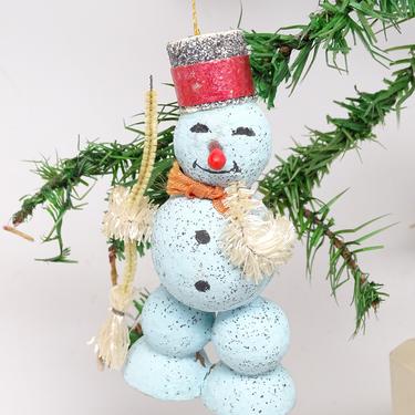 Vintage Spun Cotton Snowman with Broom &amp; Glittered Hat Christmas Ornament, Retro Tree Decoration 