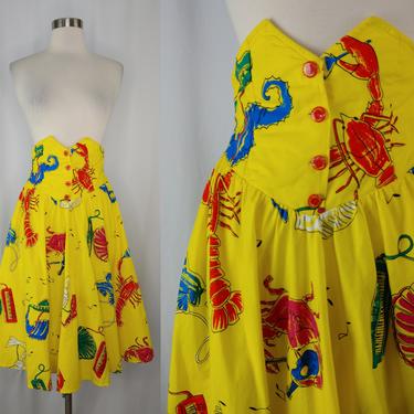 Vintage 80s XS Yellow High Waist Rock Lobster Crab Seahorse Full Skirt - Eighties XS Skirt 