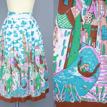 1950s VENICE Novelty Print Skirt | Vintage 50s Colorful Scenic Skirt | extra large xl 